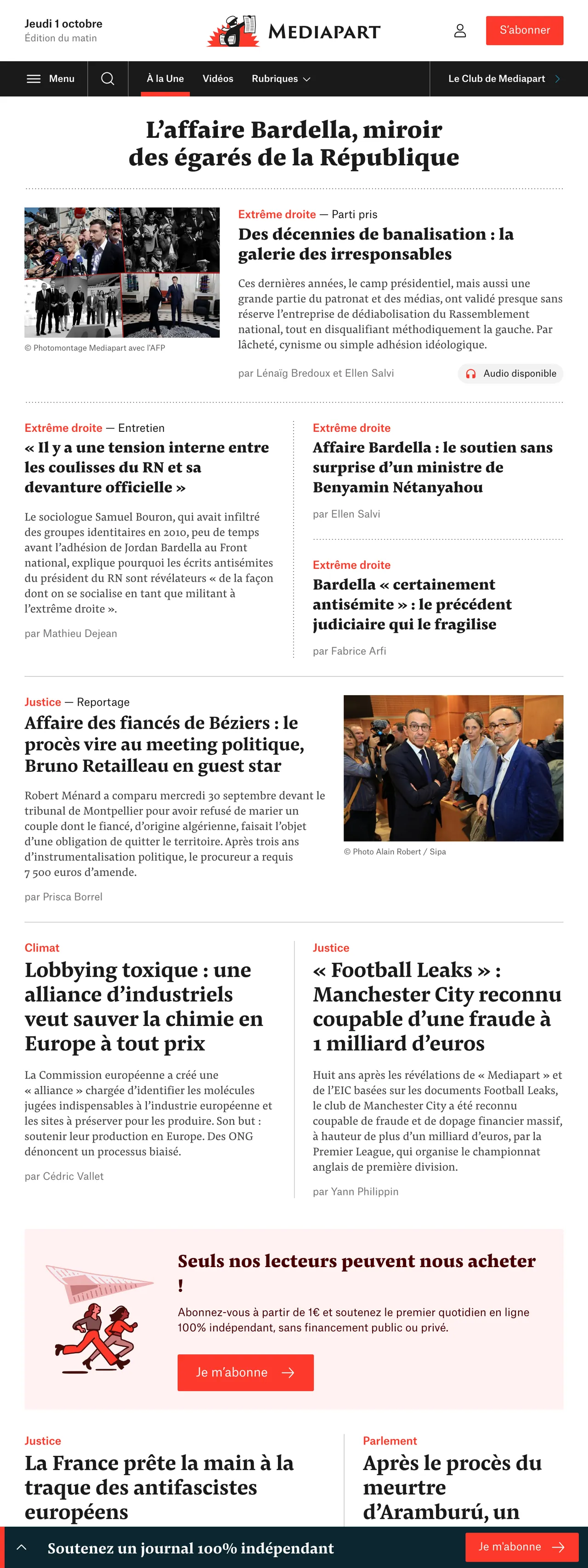 Screenshot of the Mediapart front page