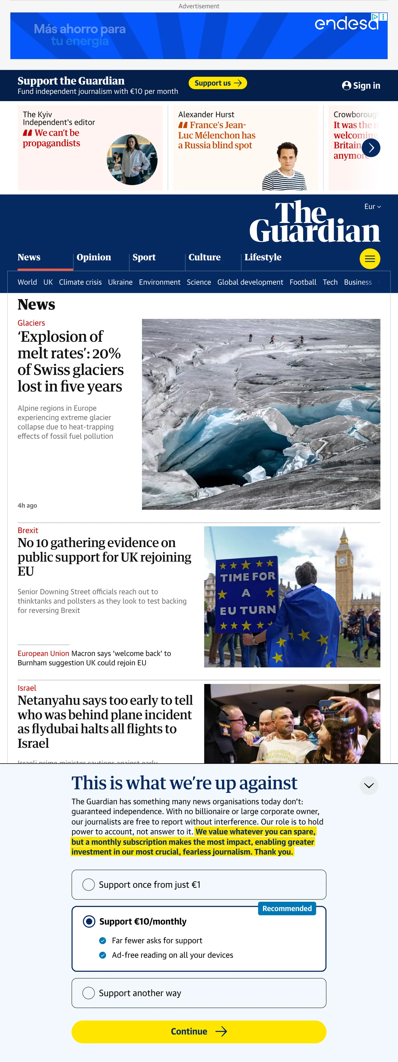 Screenshot of the The Guardian front page