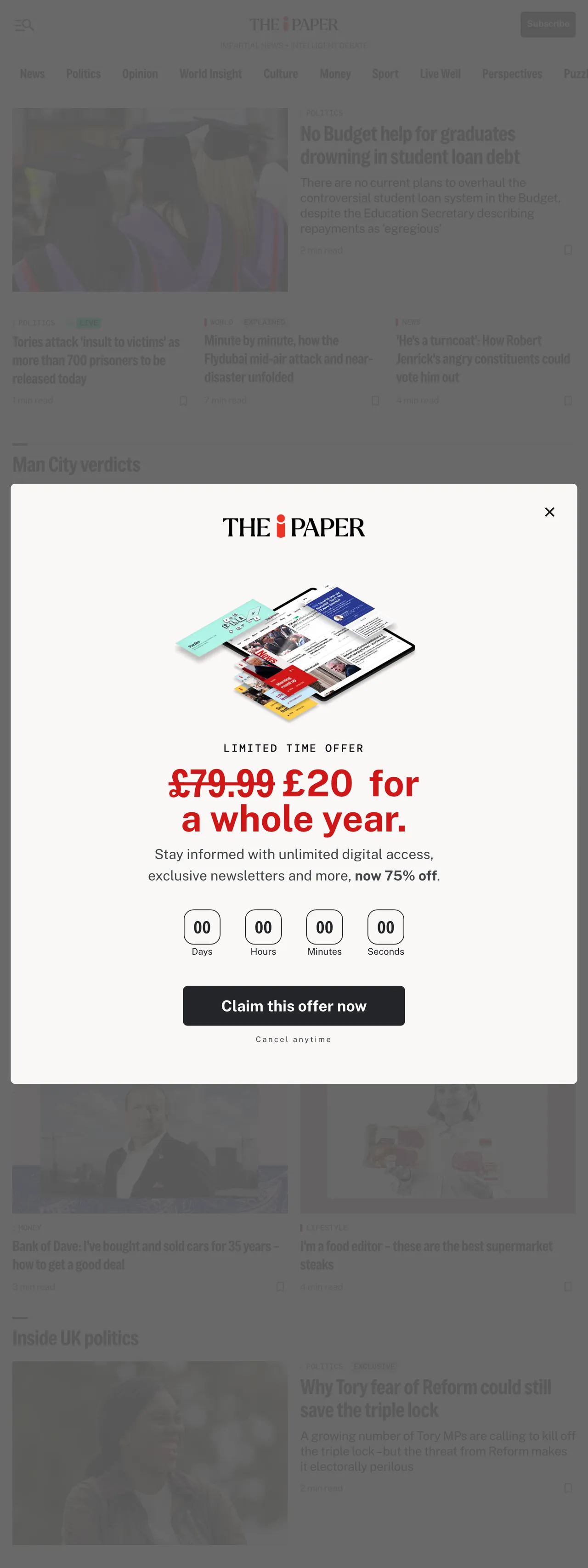 Screenshot of the The i Paper front page
