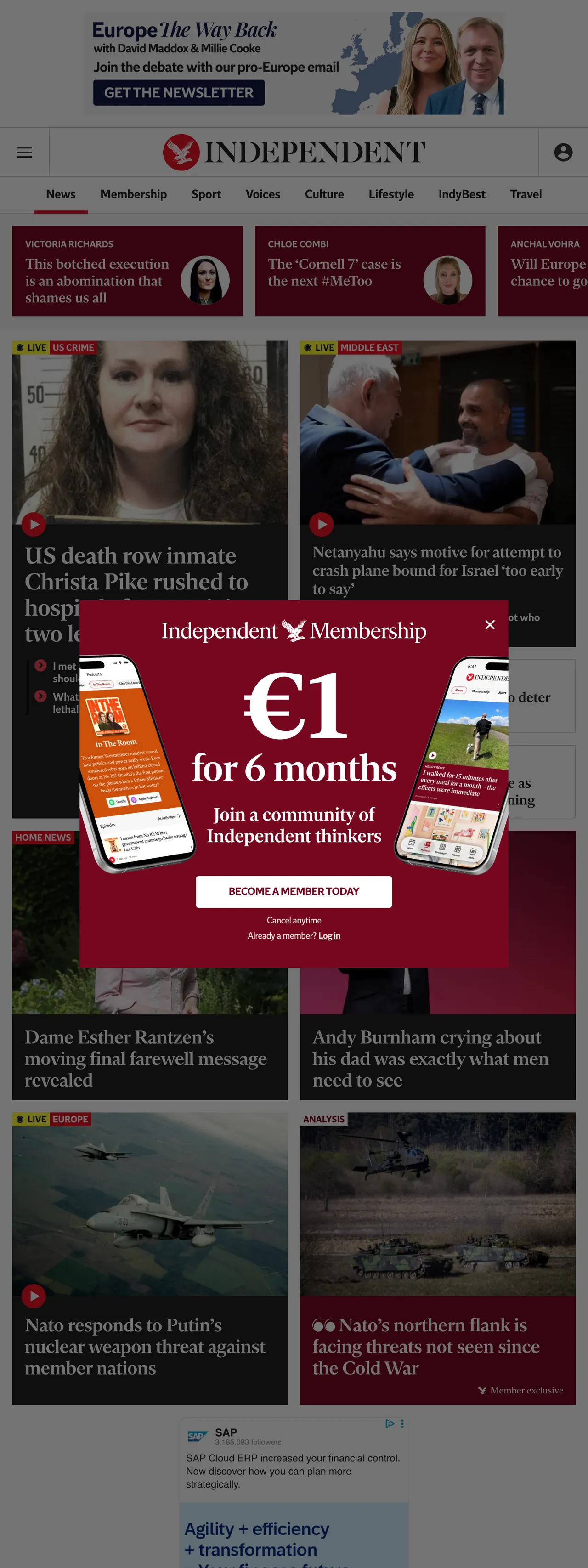 Screenshot of the The Independent front page