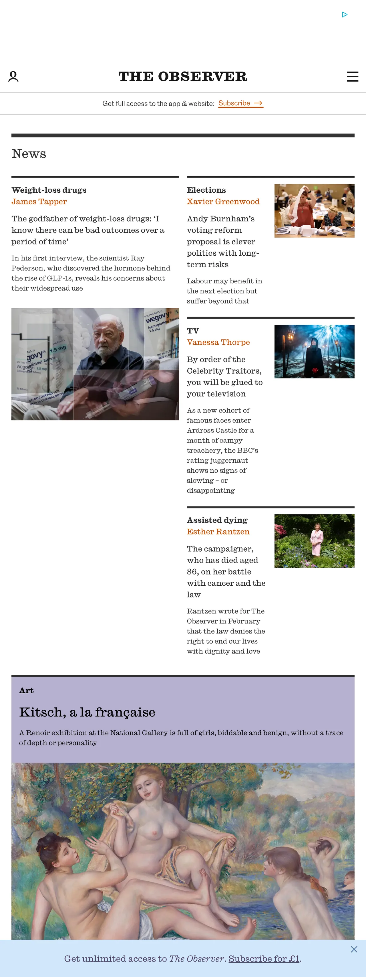Screenshot of the The Observer front page