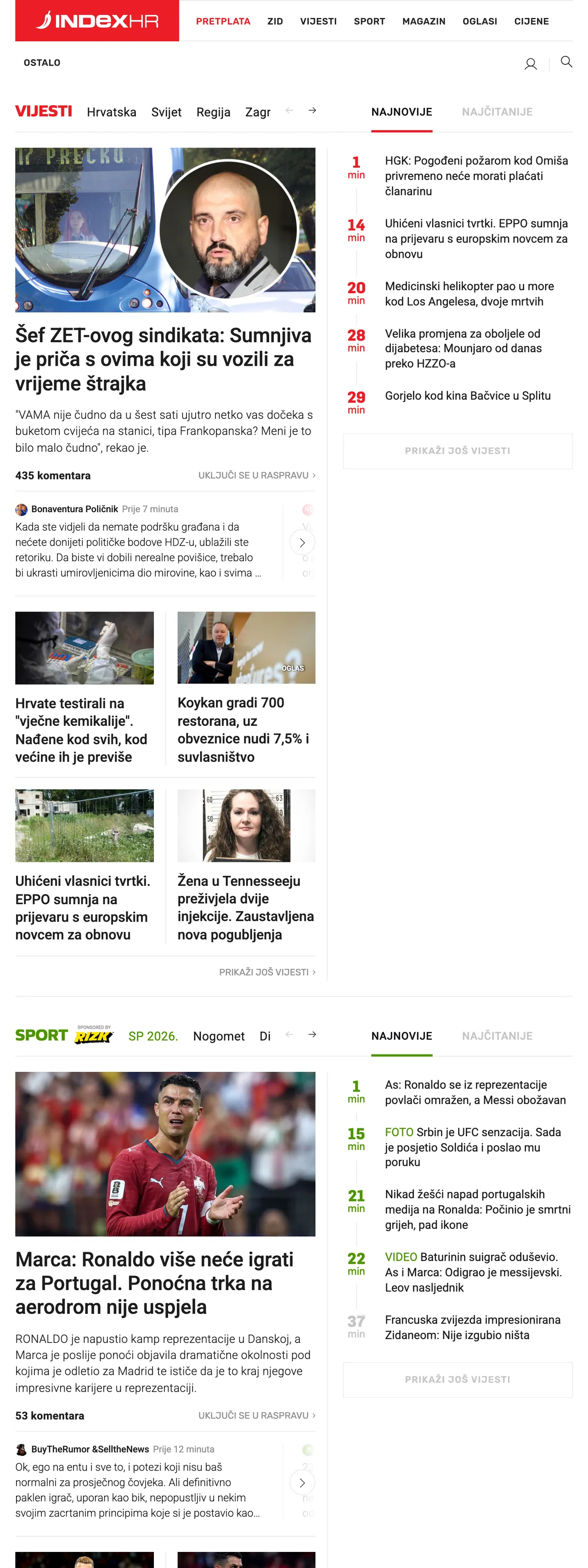 Screenshot of the Index.hr front page