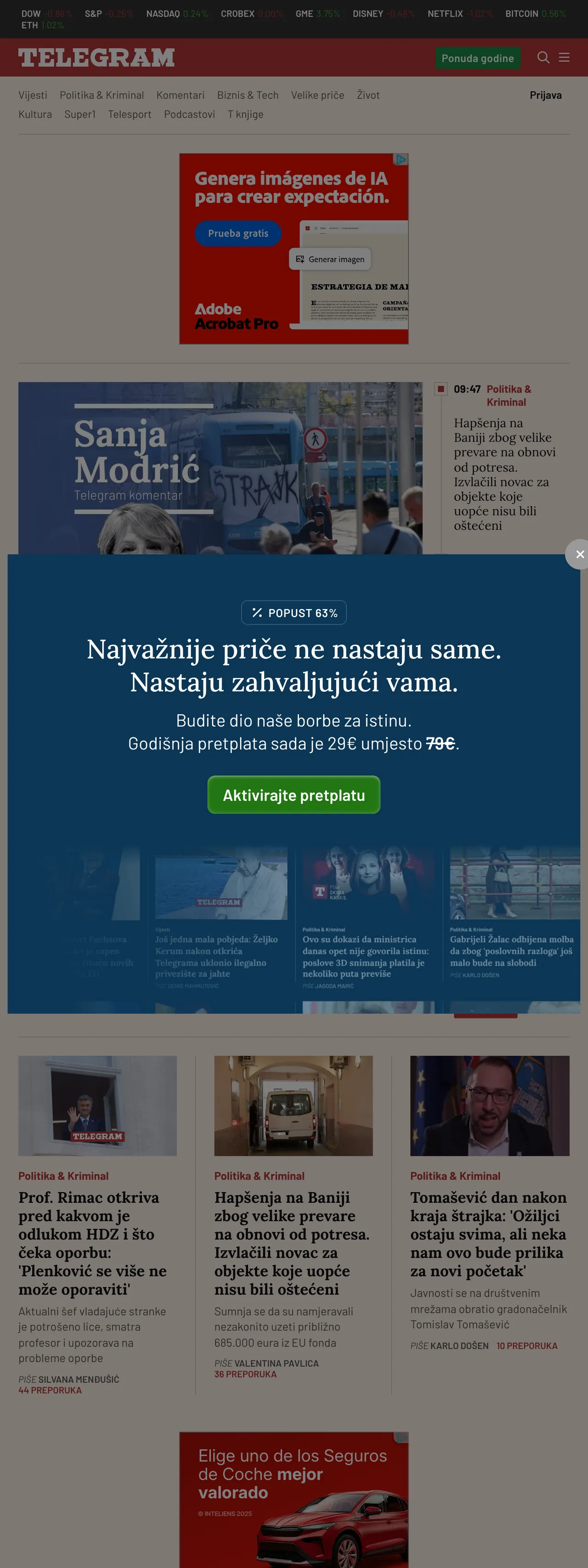 Screenshot of the Telegram.hr front page