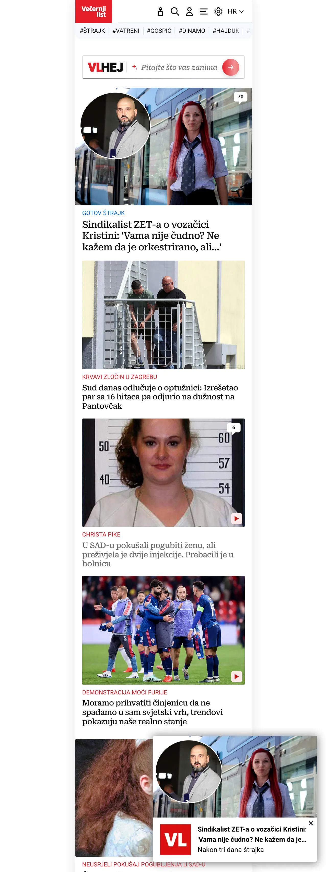 Screenshot of the Večernji list front page