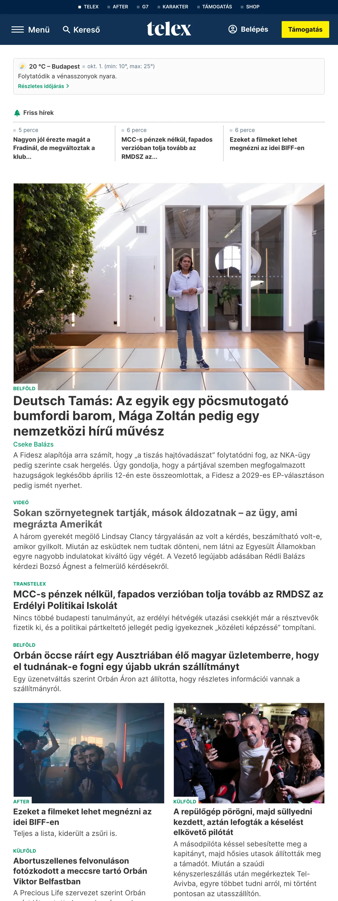 Screenshot of the Telex front page