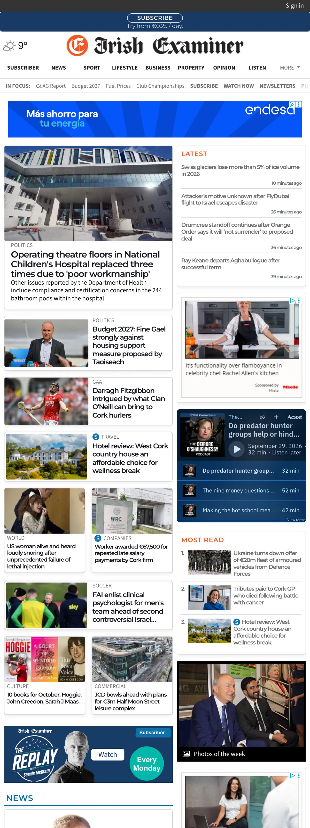 Screenshot of the Irish Examiner front page