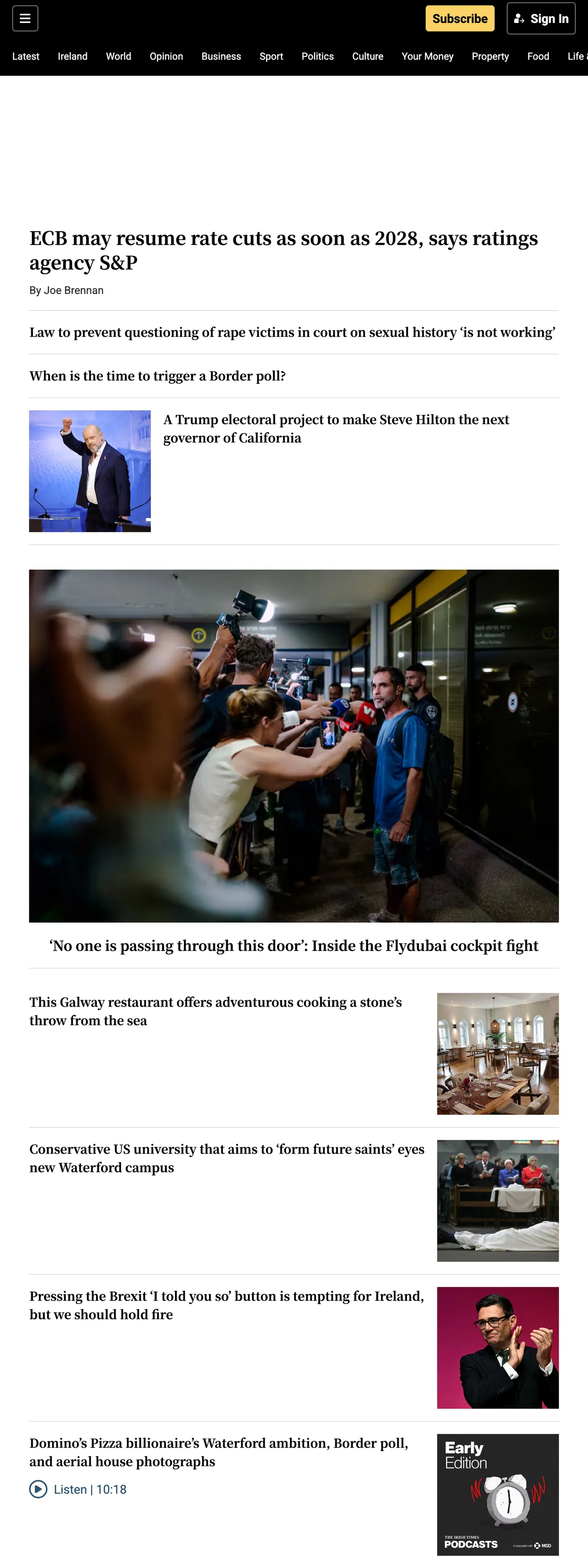 Screenshot of the The Irish Times front page