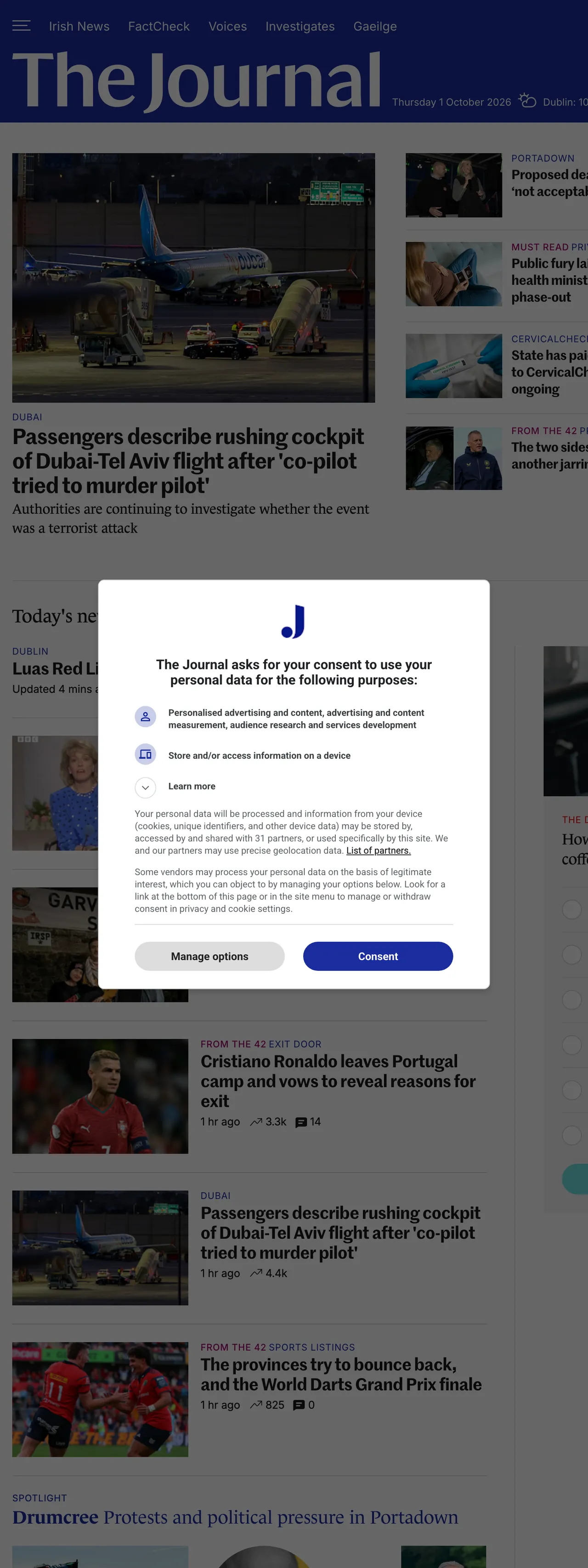 Screenshot of the TheJournal.ie front page