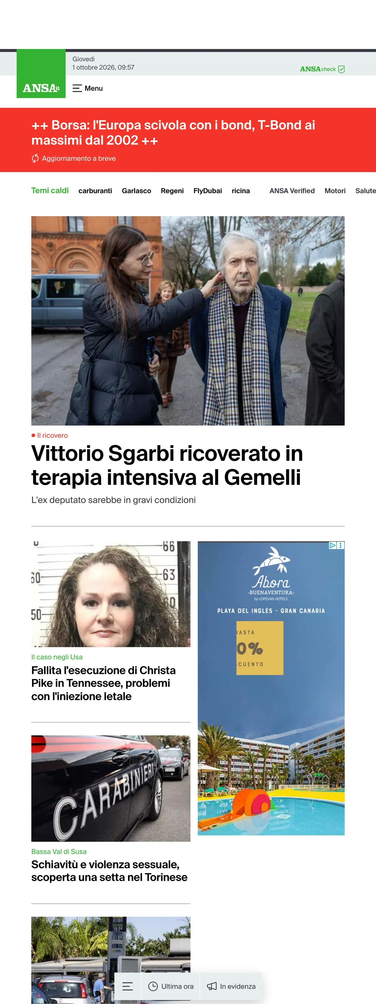 Screenshot of the ANSA front page
