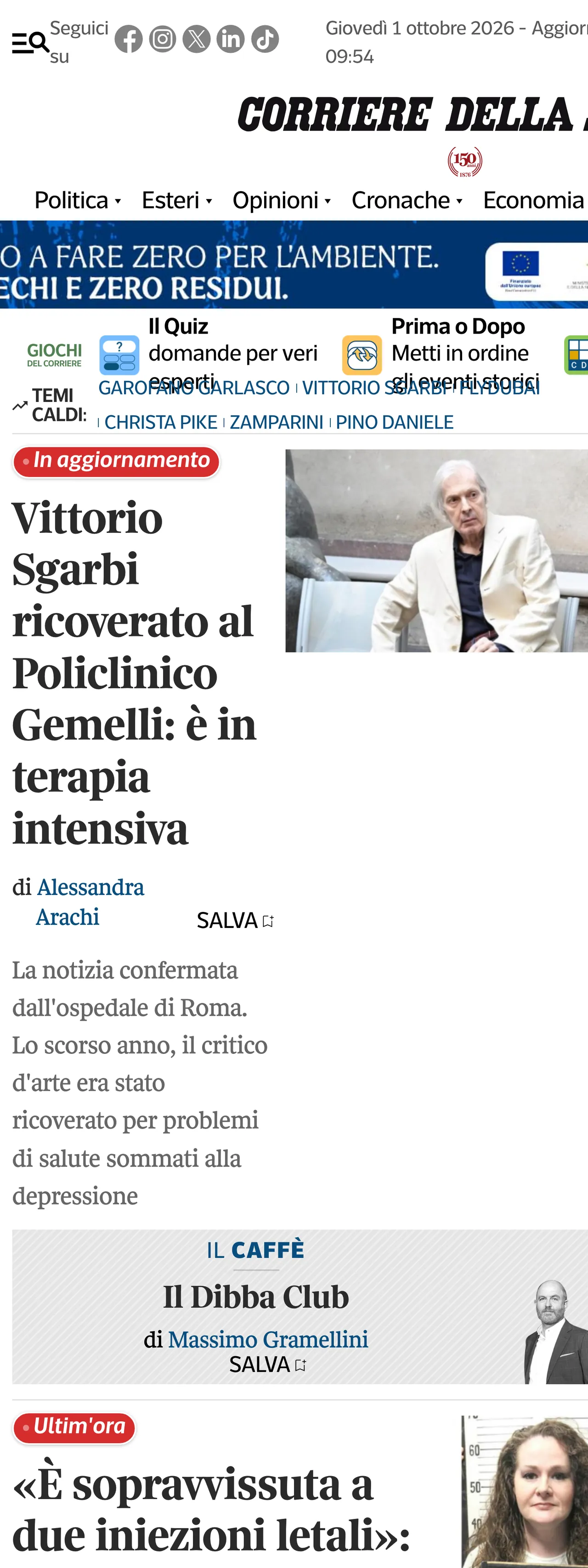Screenshot of the Corriere della Sera front page