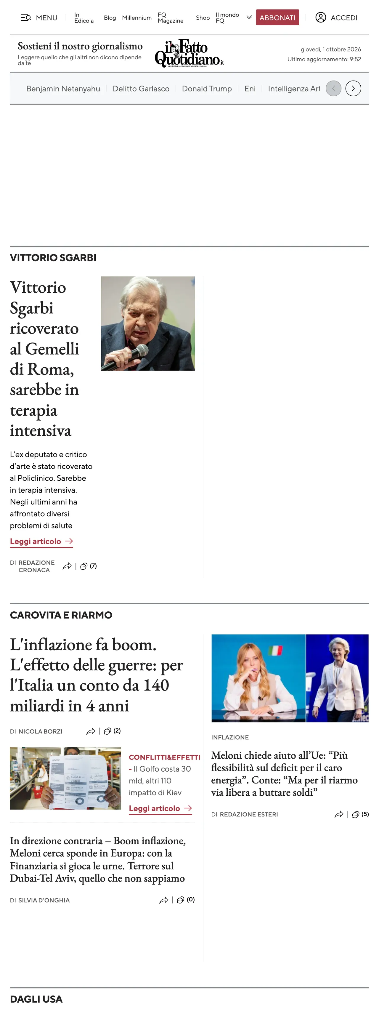 Screenshot of the Il Fatto Quotidiano front page