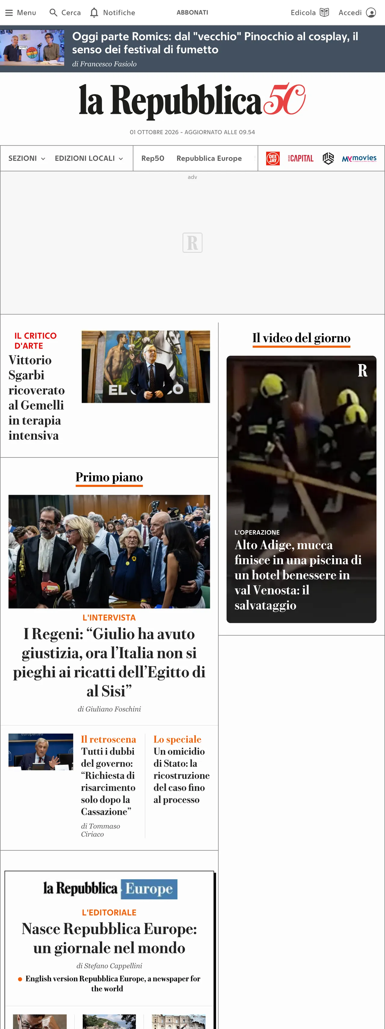 Screenshot of the la Repubblica front page
