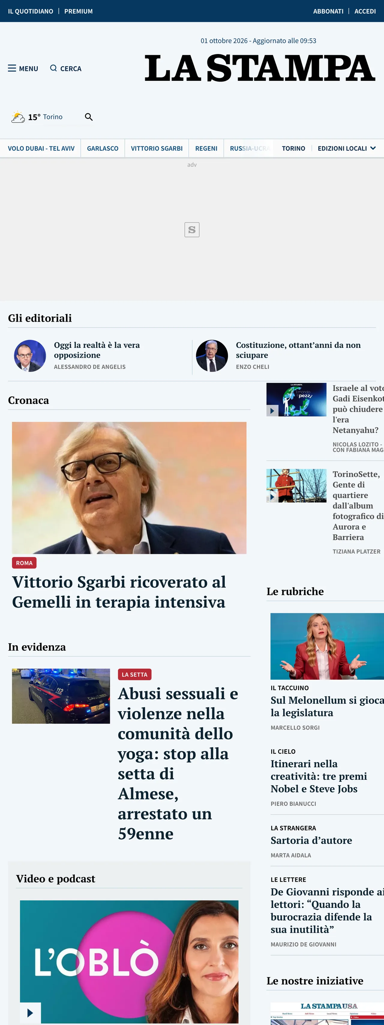 Screenshot of the La Stampa front page