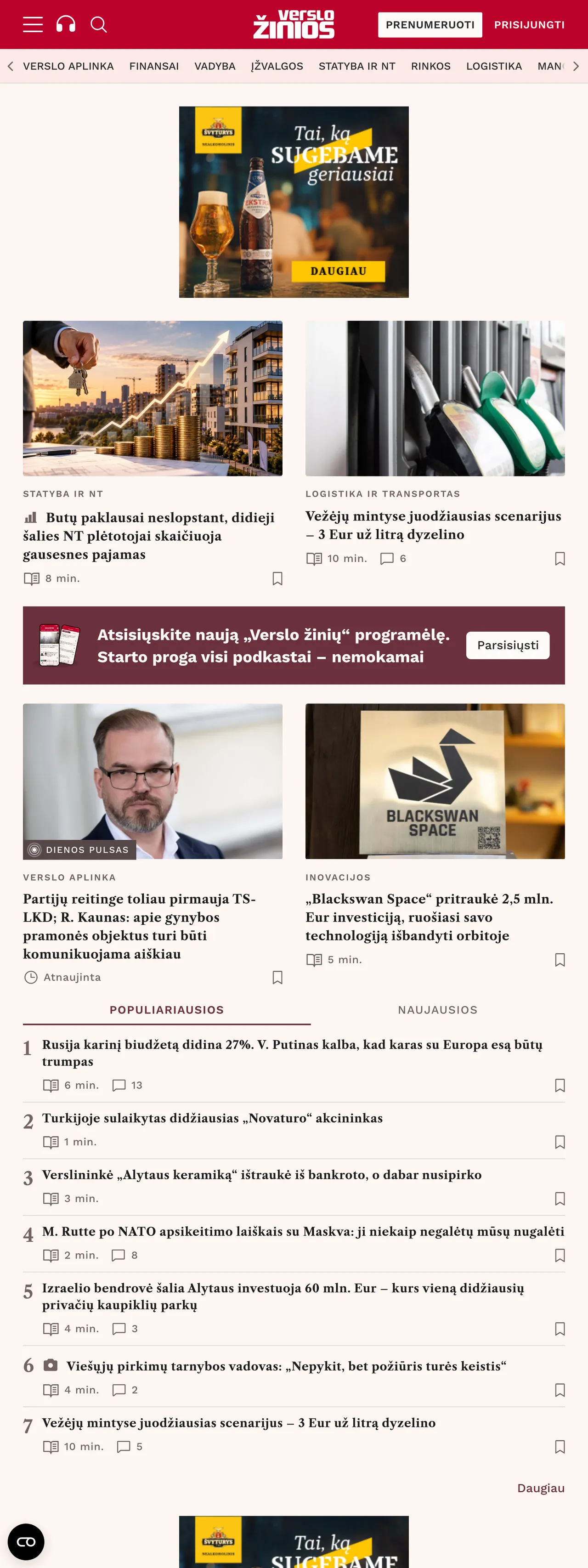 Screenshot of the Verslo žinios front page