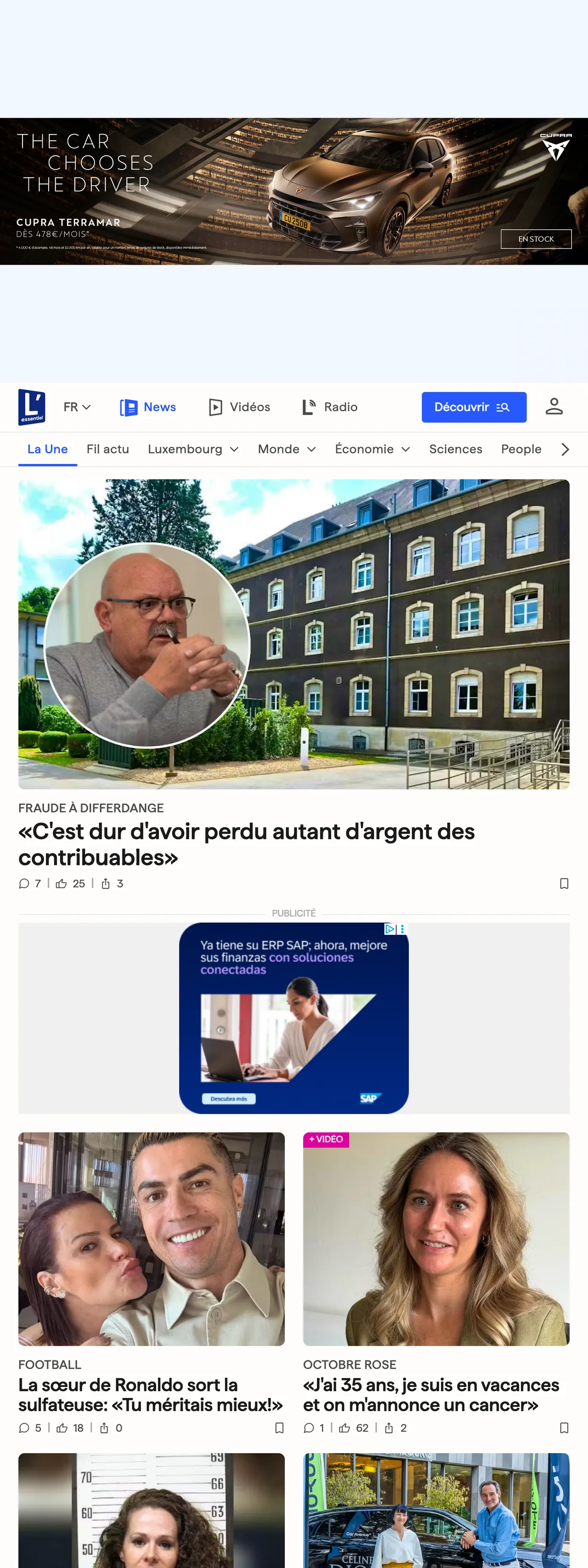 Screenshot of the L'essentiel front page