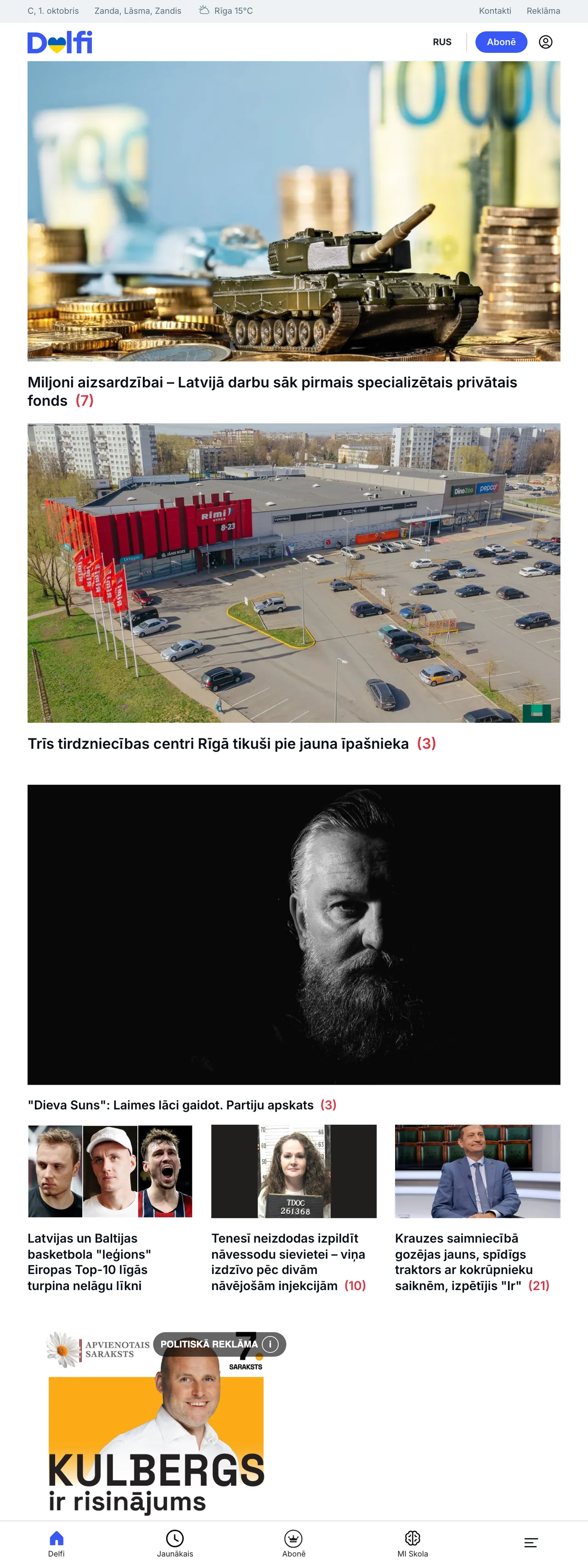 Screenshot of the Delfi front page