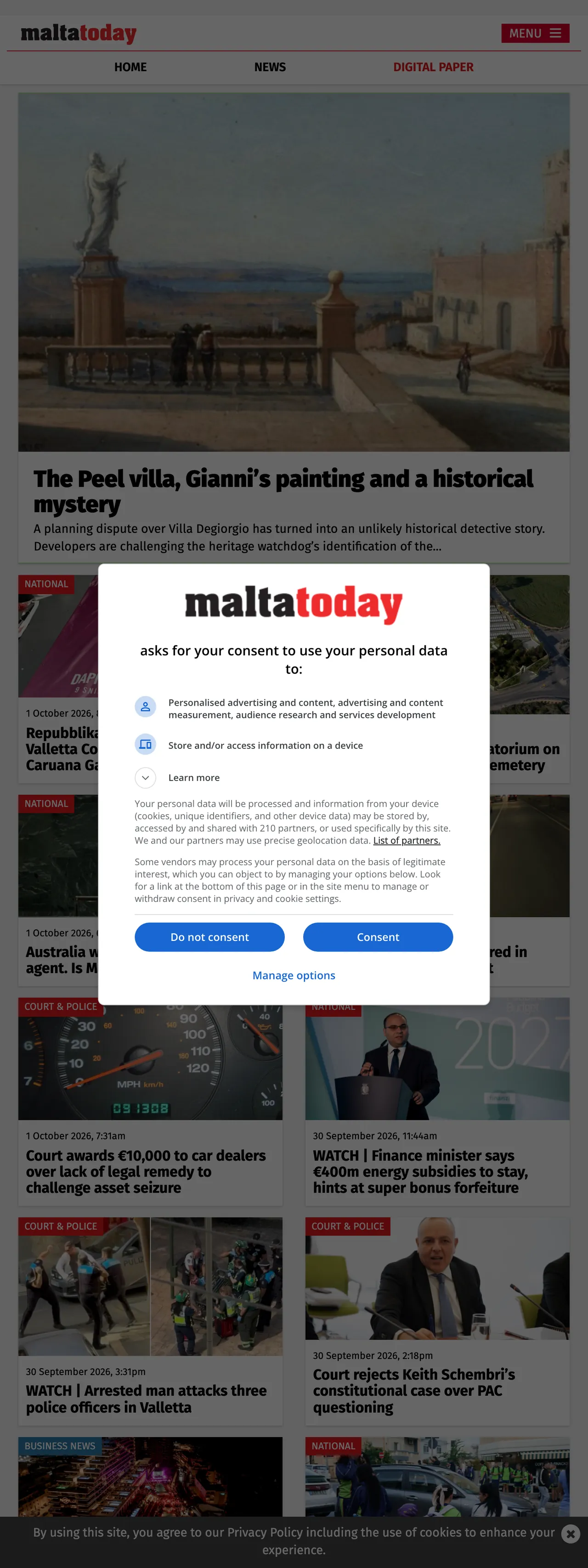 Screenshot of the Malta Today front page