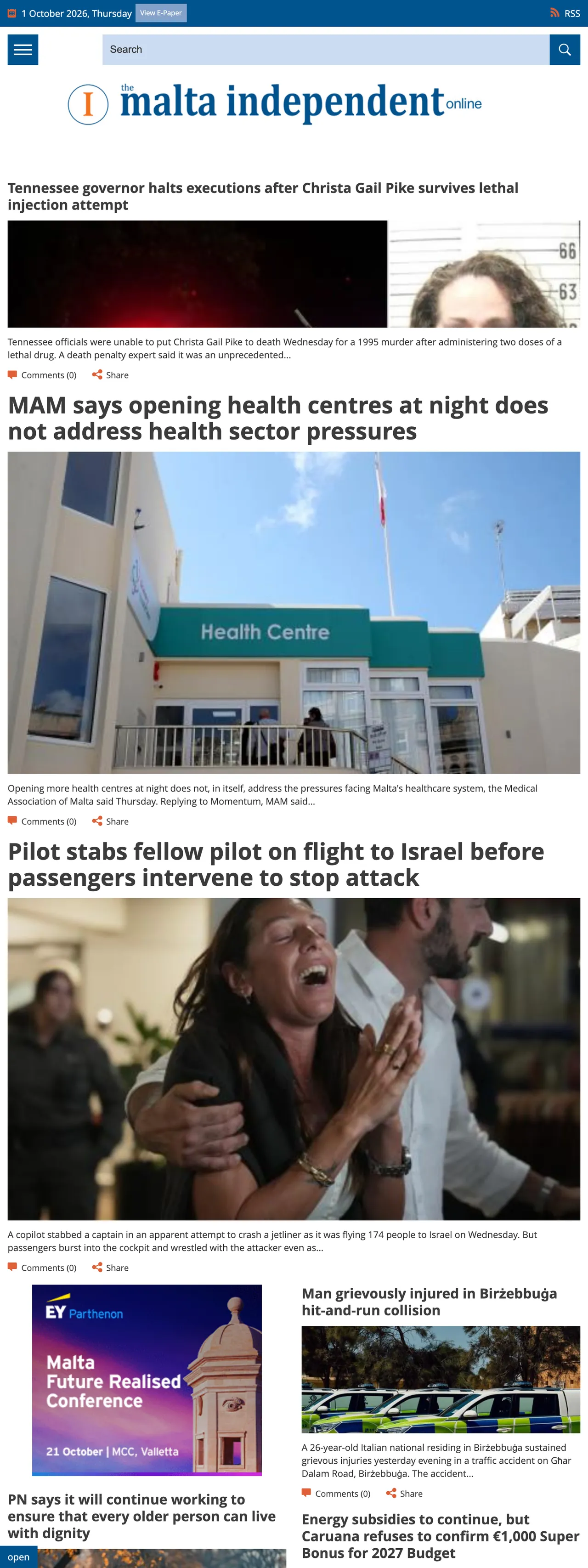 Screenshot of the The Malta Independent front page