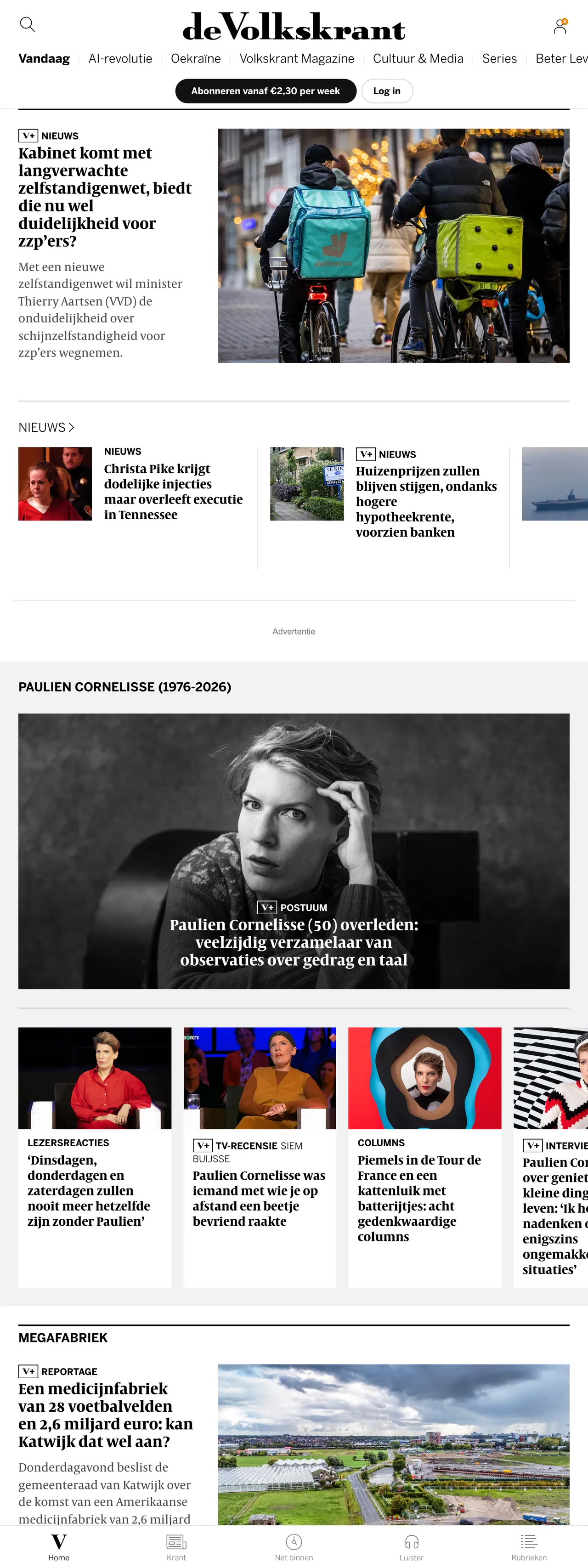 Screenshot of the de Volkskrant front page