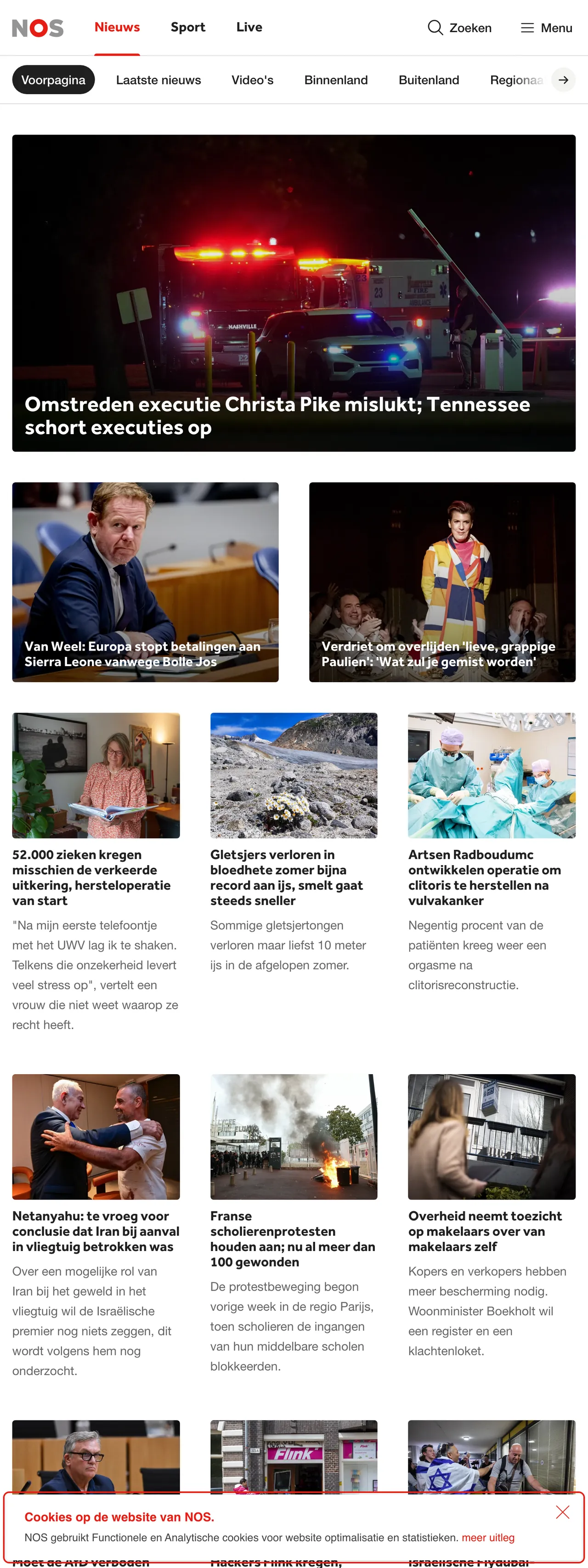 Screenshot of the NOS front page