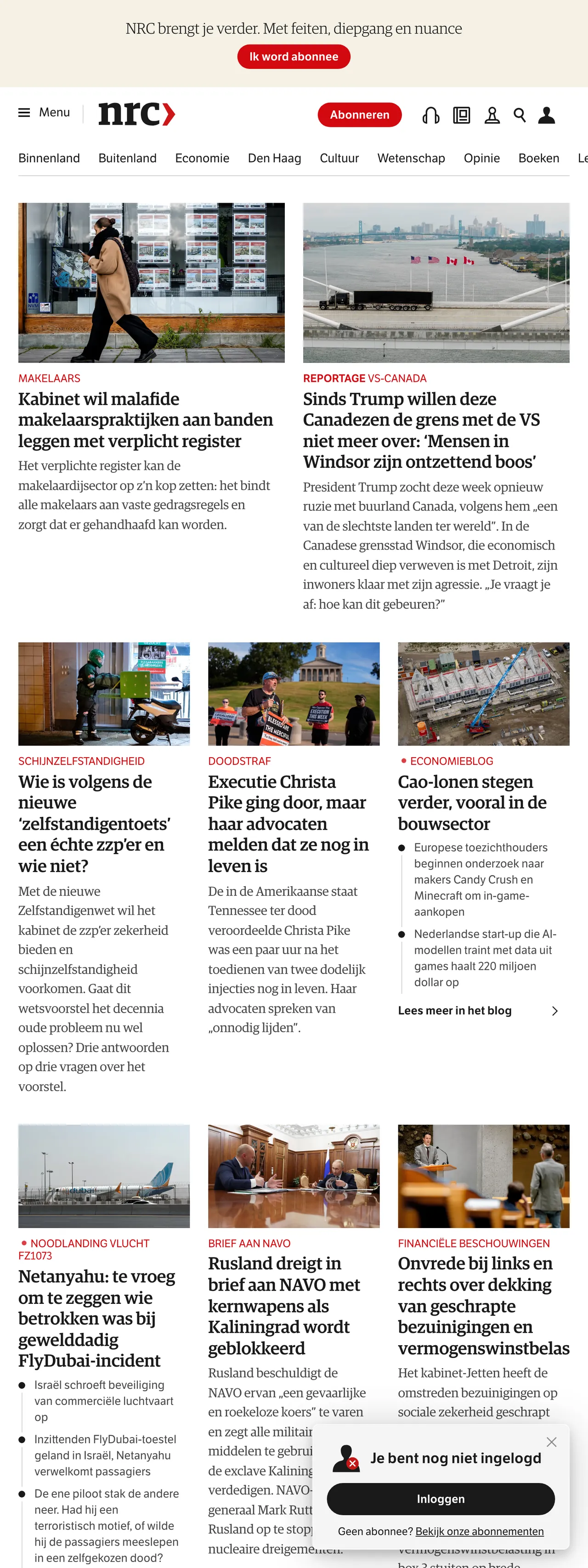 Screenshot of the NRC front page