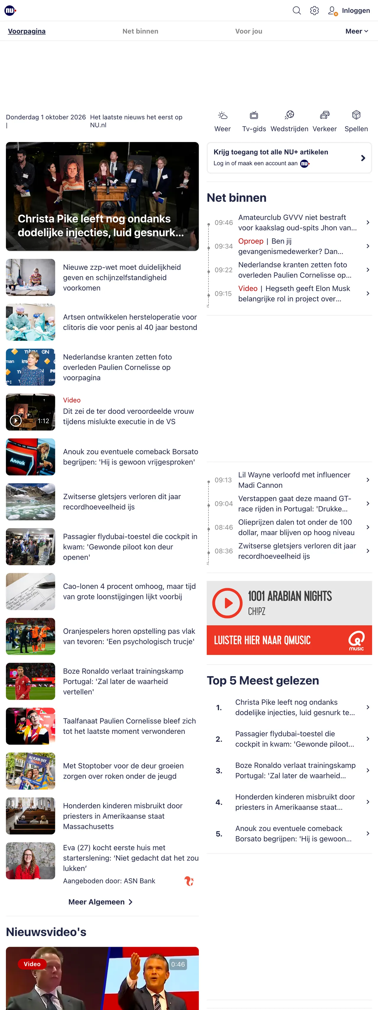 Screenshot of the NU.nl front page
