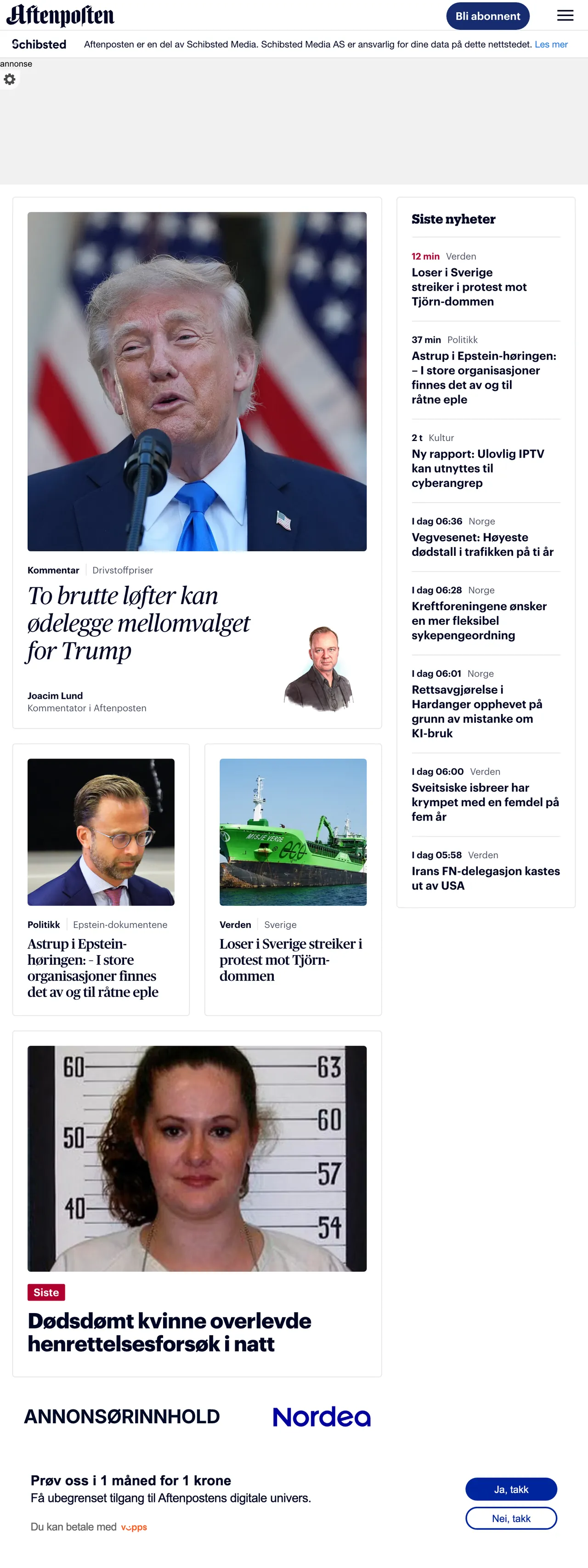 Screenshot of the Aftenposten front page