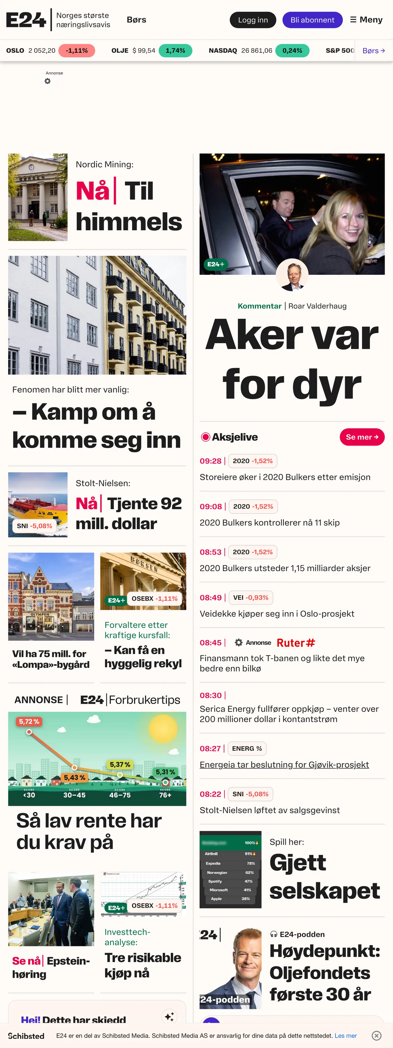 Screenshot of the E24 front page