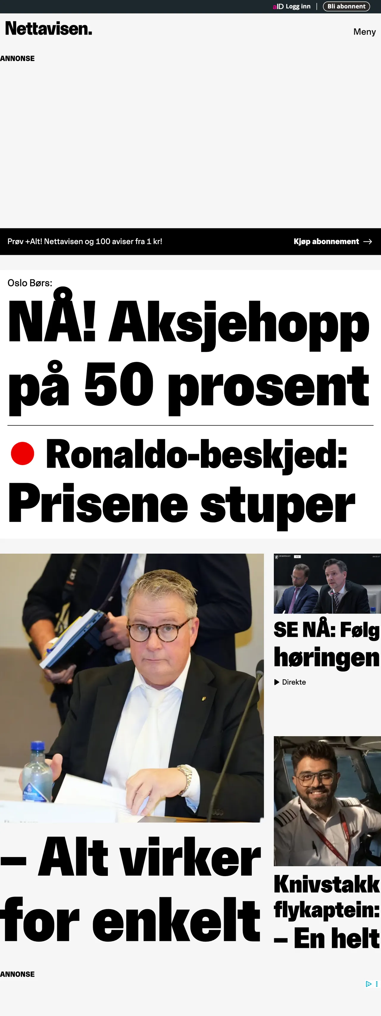 Screenshot of the Nettavisen front page