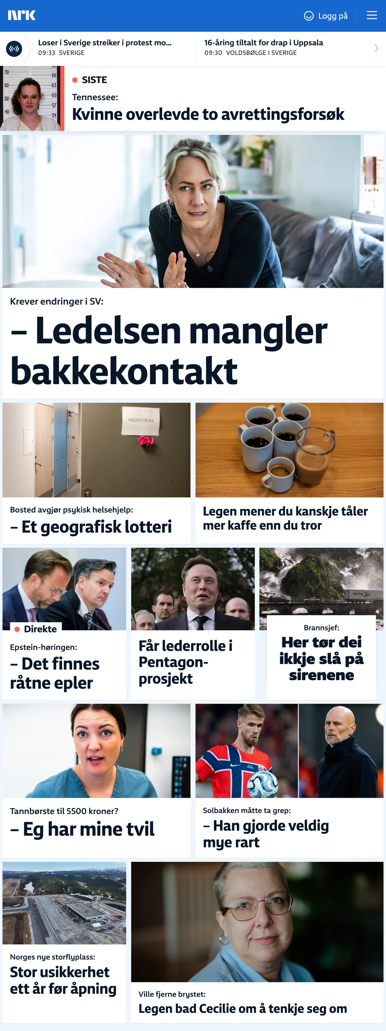 Screenshot of the NRK front page