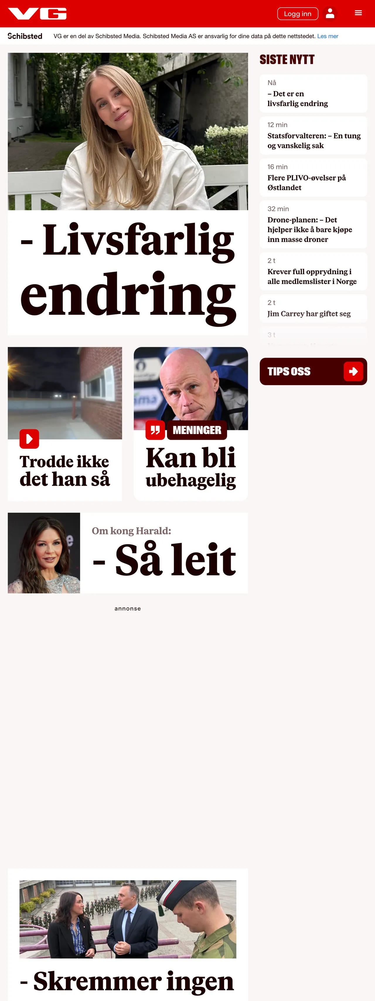 Screenshot of the VG front page
