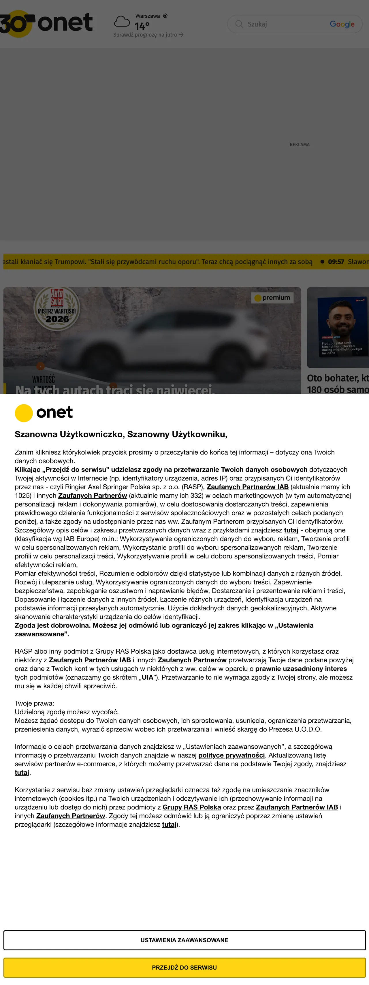 Screenshot of the Onet front page