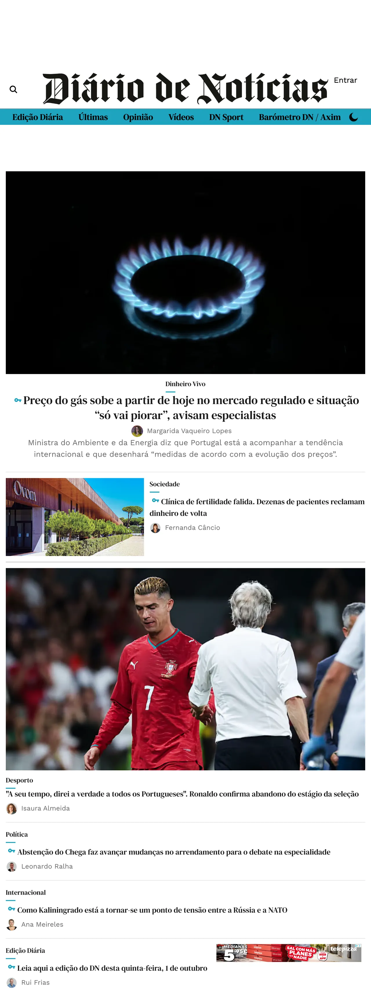Screenshot of the Diário de Notícias front page