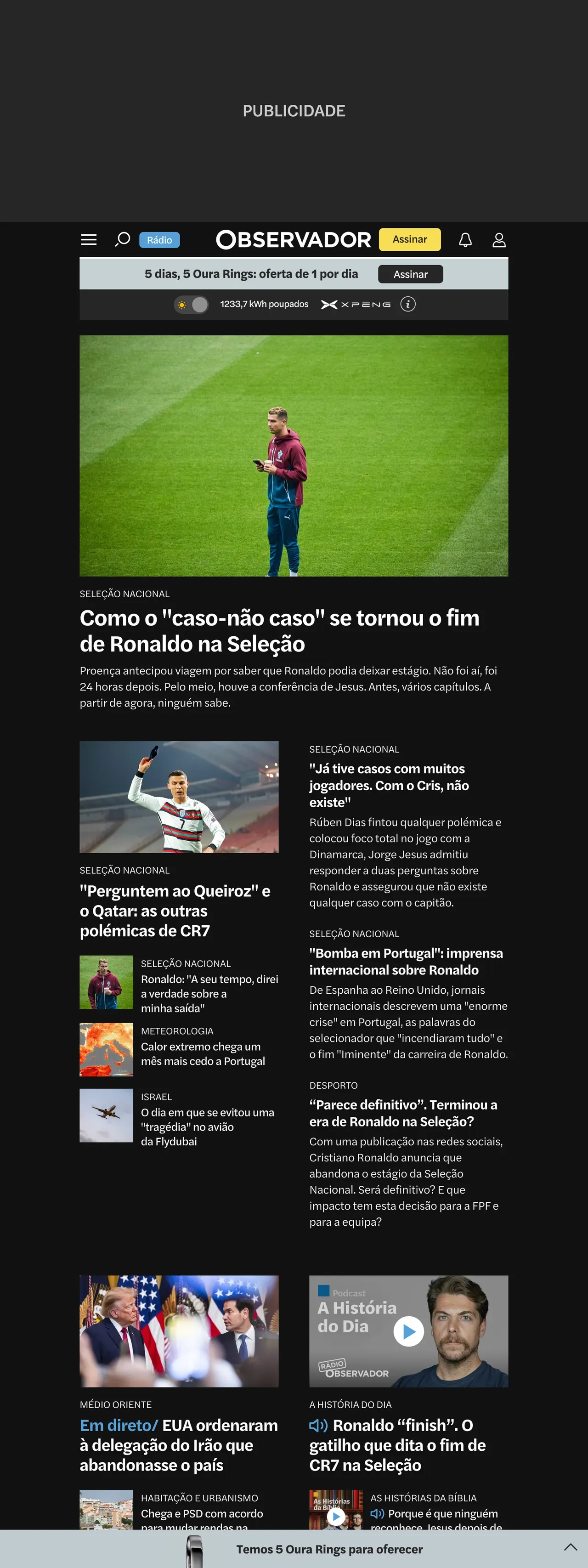 Screenshot of the Observador front page