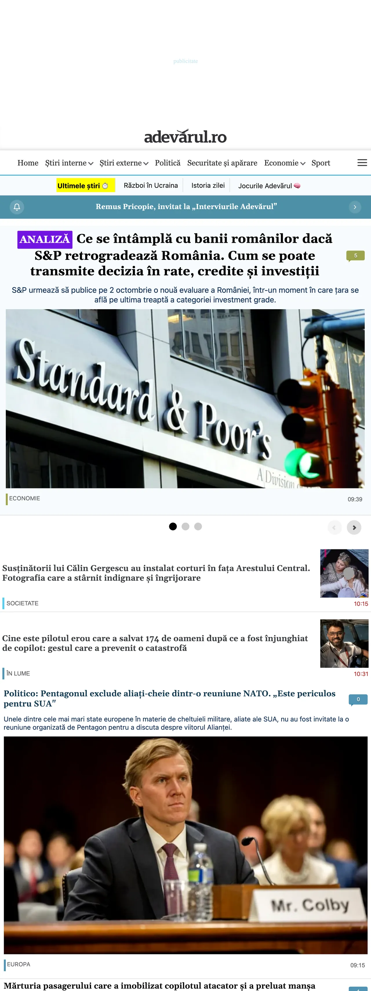 Screenshot of the Adevărul front page
