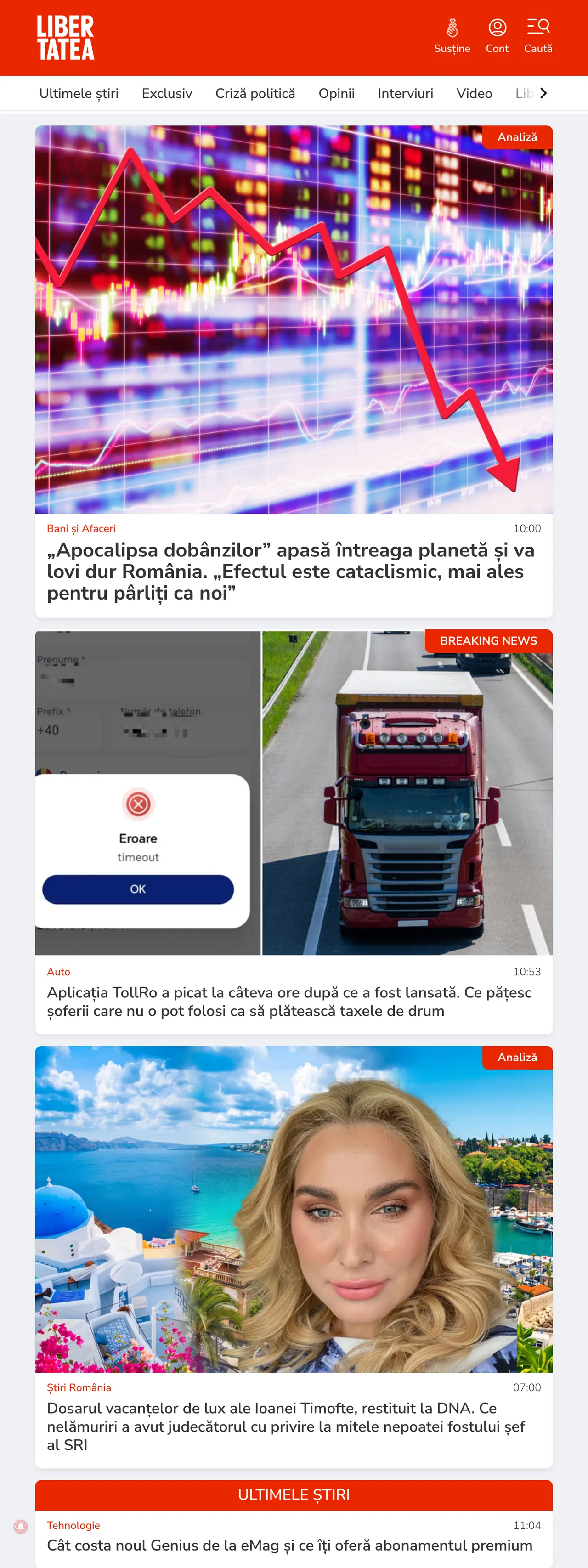 Screenshot of the Libertatea front page