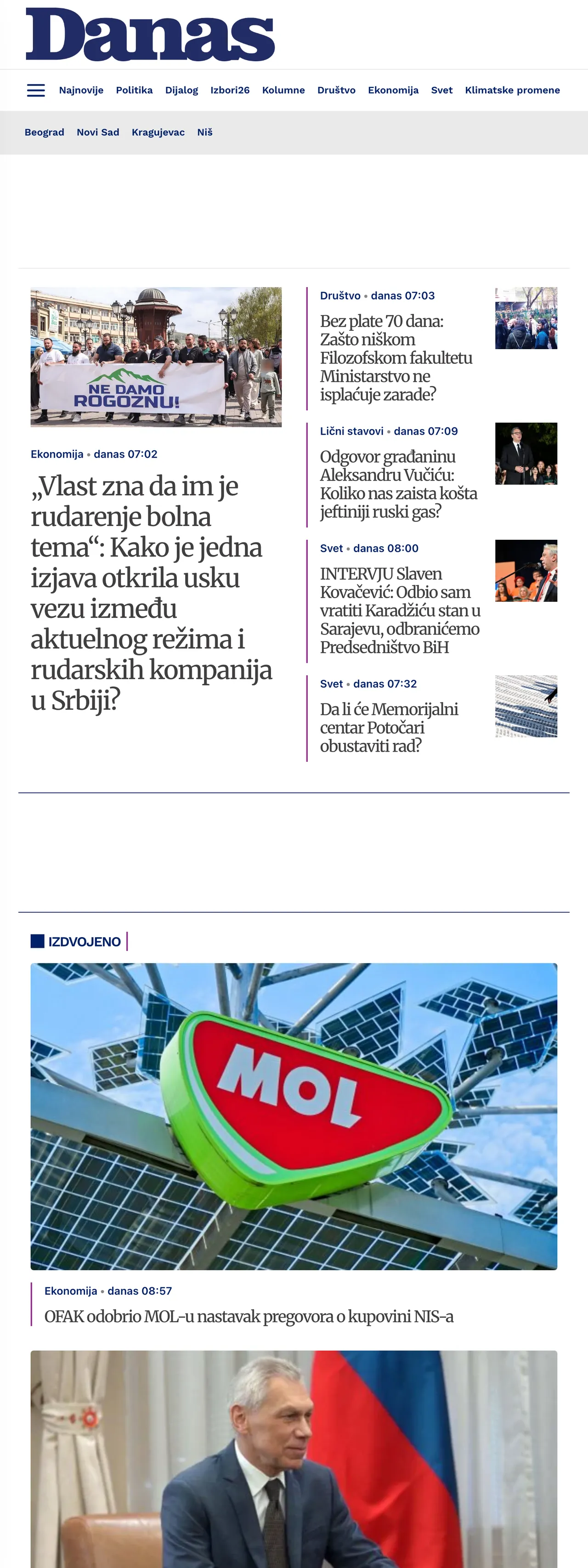 Screenshot of the Danas front page