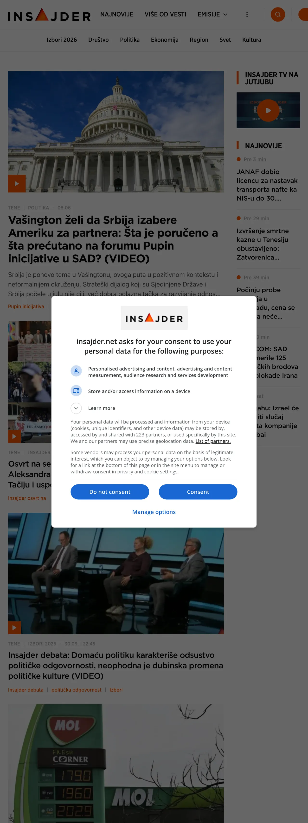 Screenshot of the Insajder front page