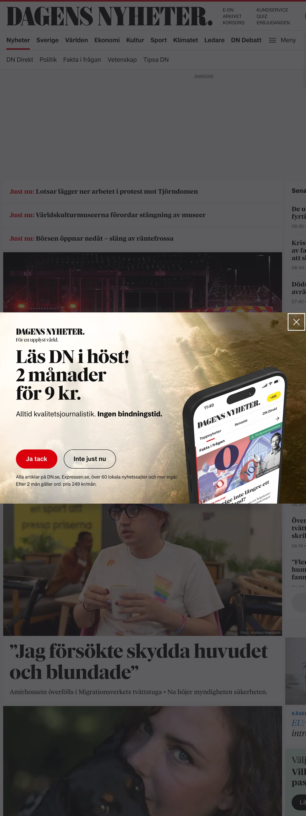 Screenshot of the Dagens Nyheter front page