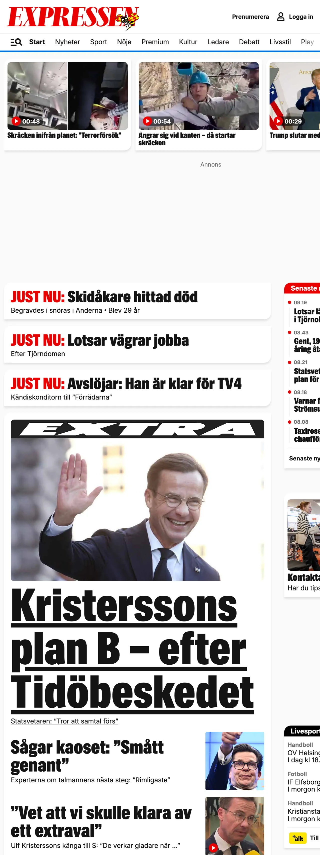 Screenshot of the Expressen front page