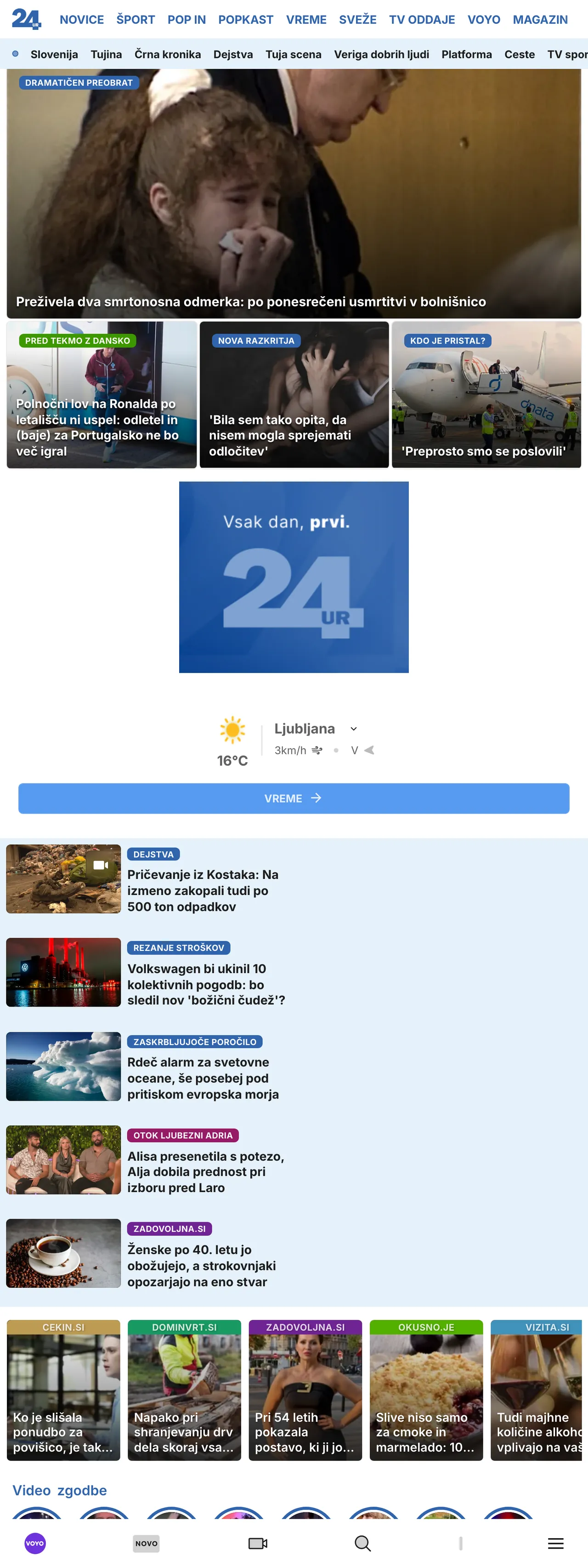 Screenshot of the 24ur front page