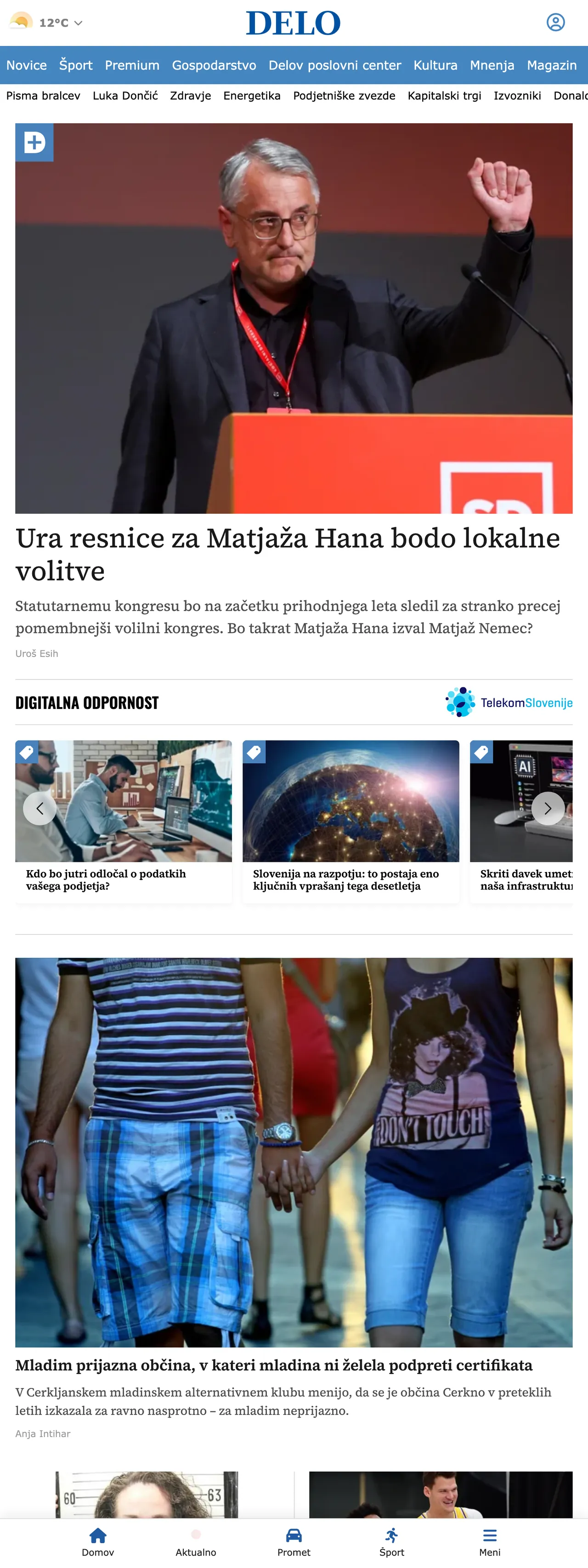 Screenshot of the Delo front page