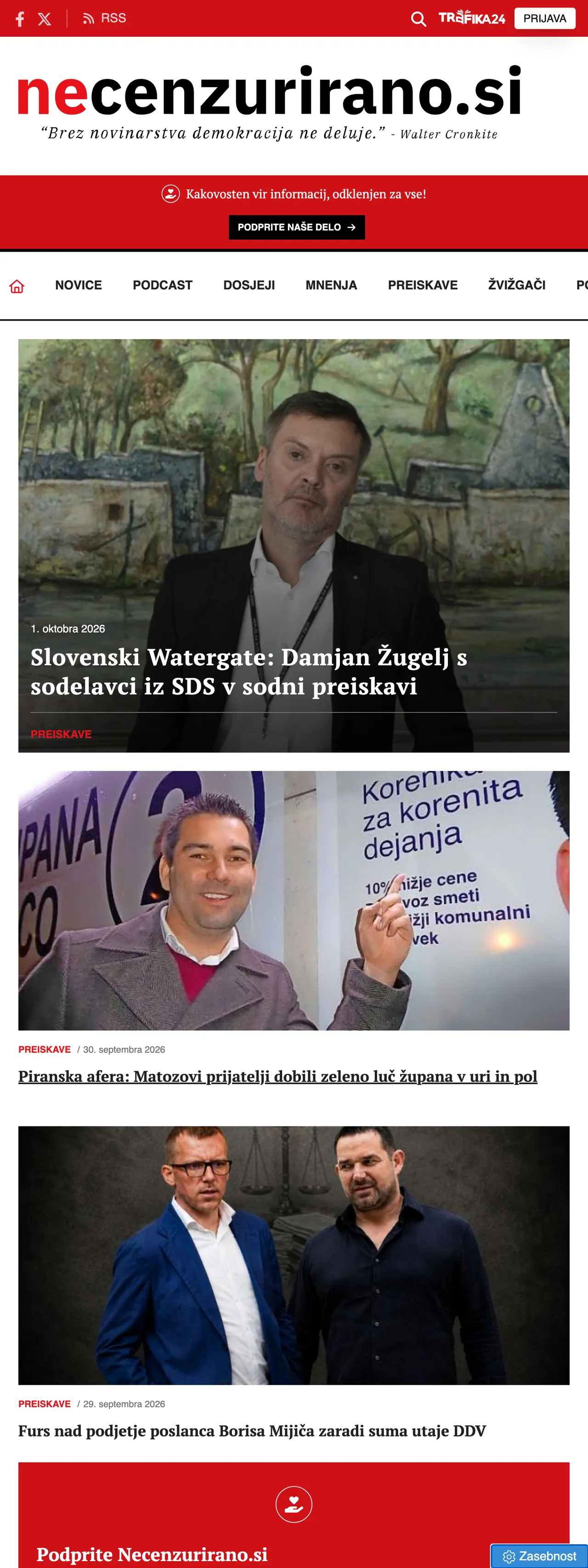 Screenshot of the Necenzurirano front page