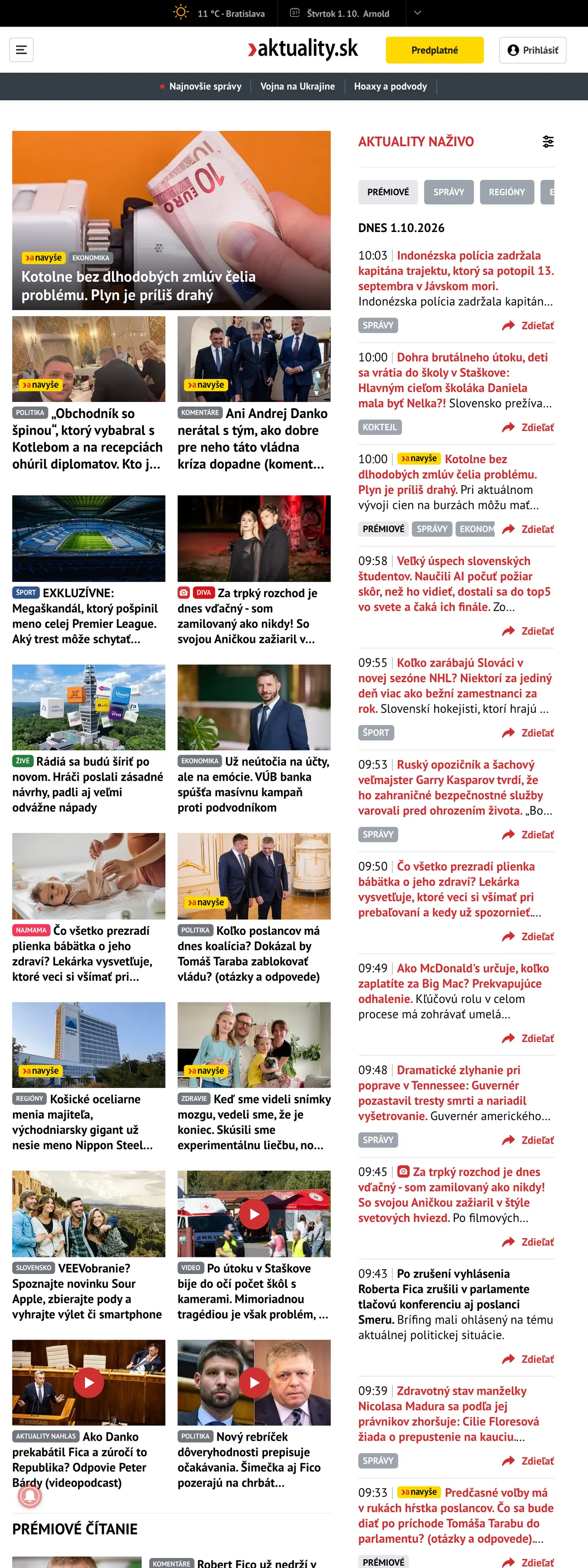 Screenshot of the Aktuality.sk front page