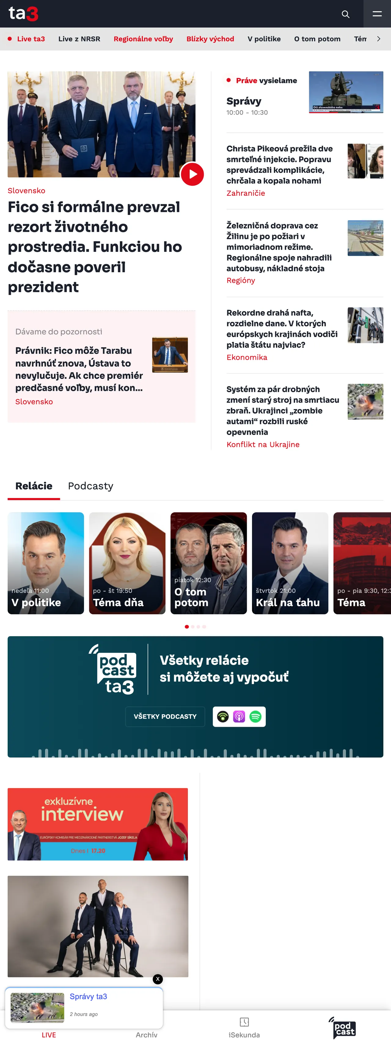 Screenshot of the TA3 front page