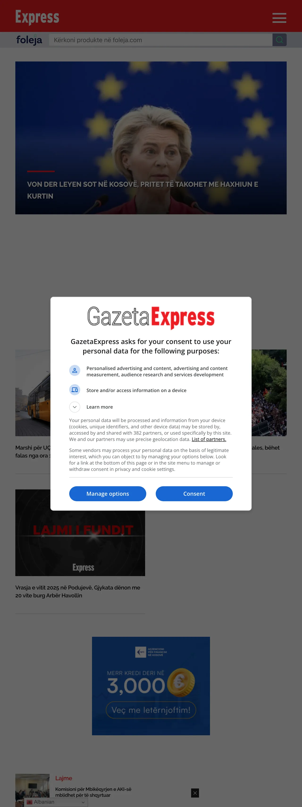 Screenshot of the Gazeta Express front page