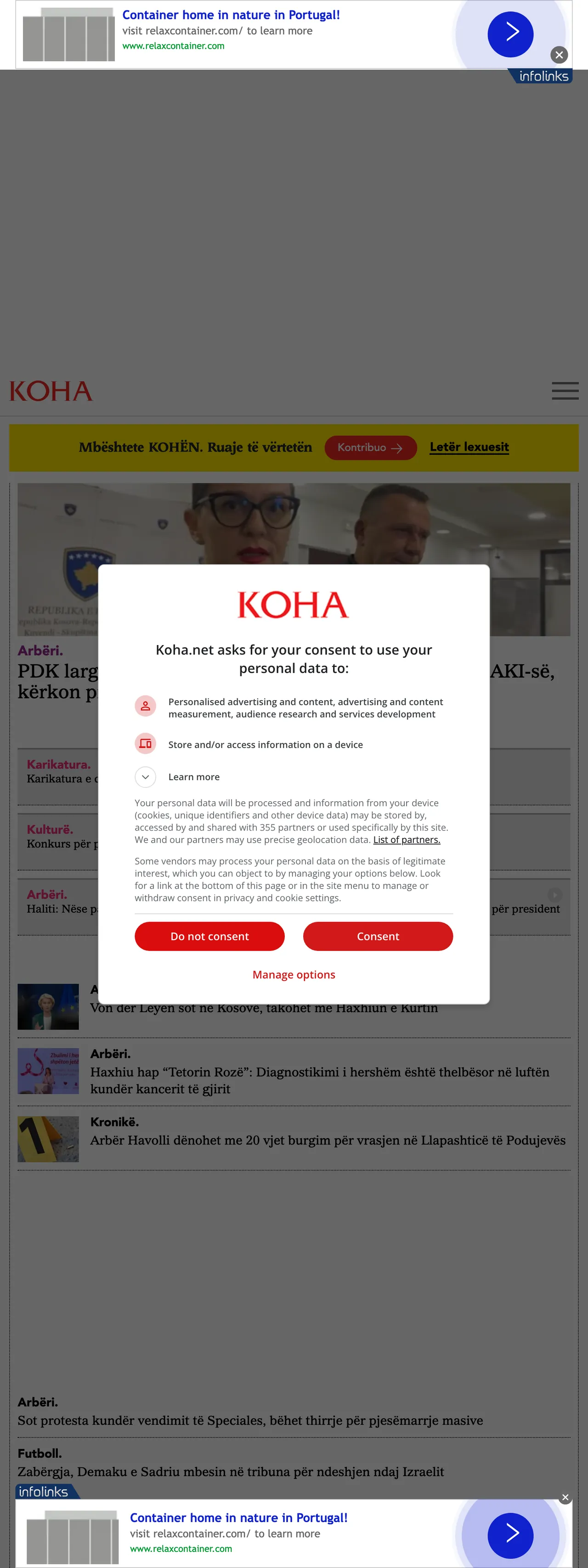 Screenshot of the Koha Ditore front page