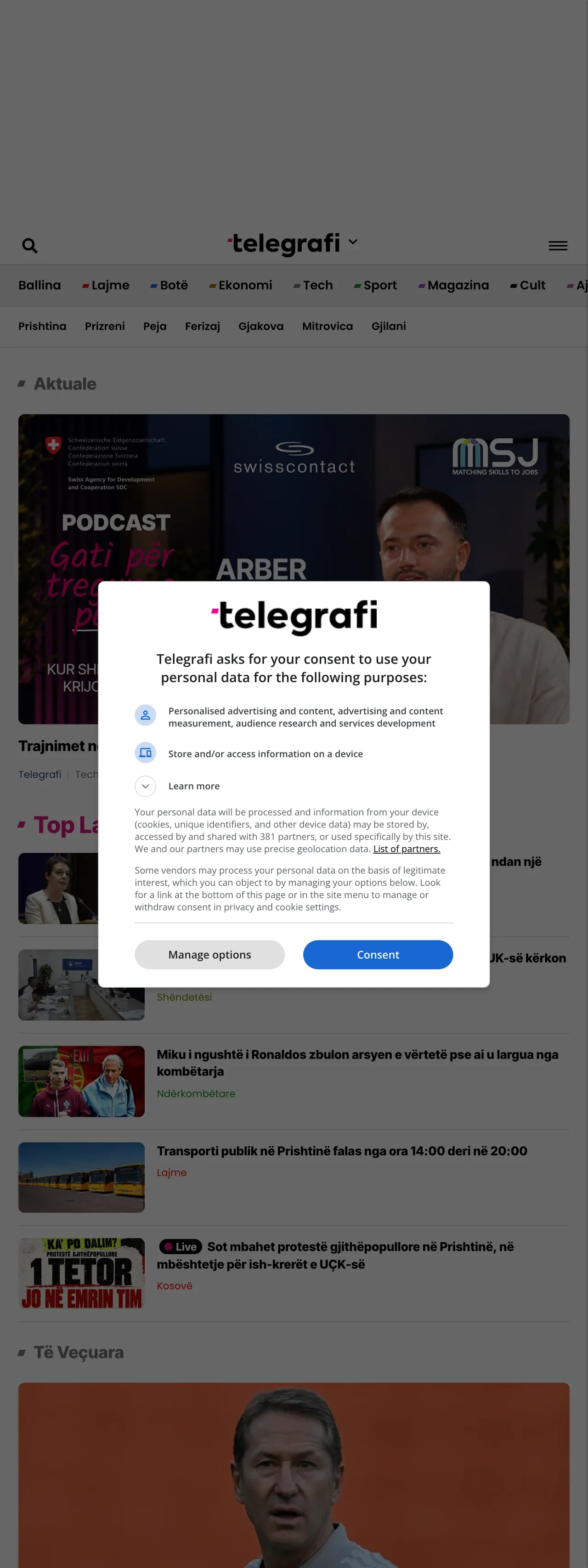 Screenshot of the Telegrafi front page
