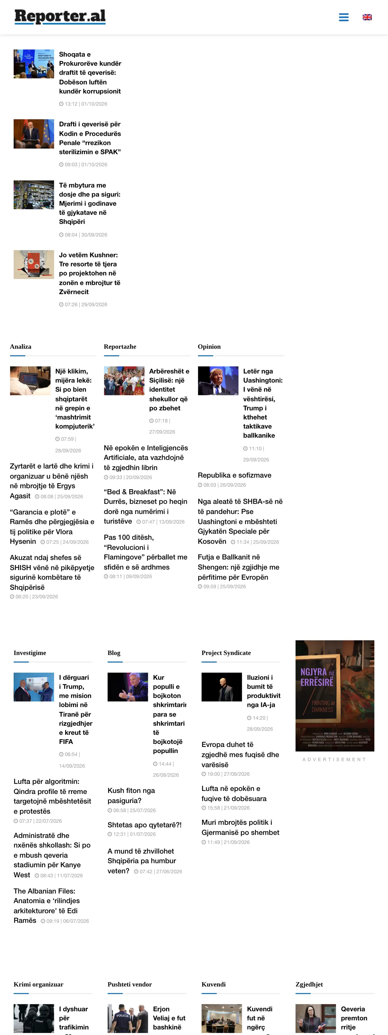 Screenshot of the Reporter.al front page