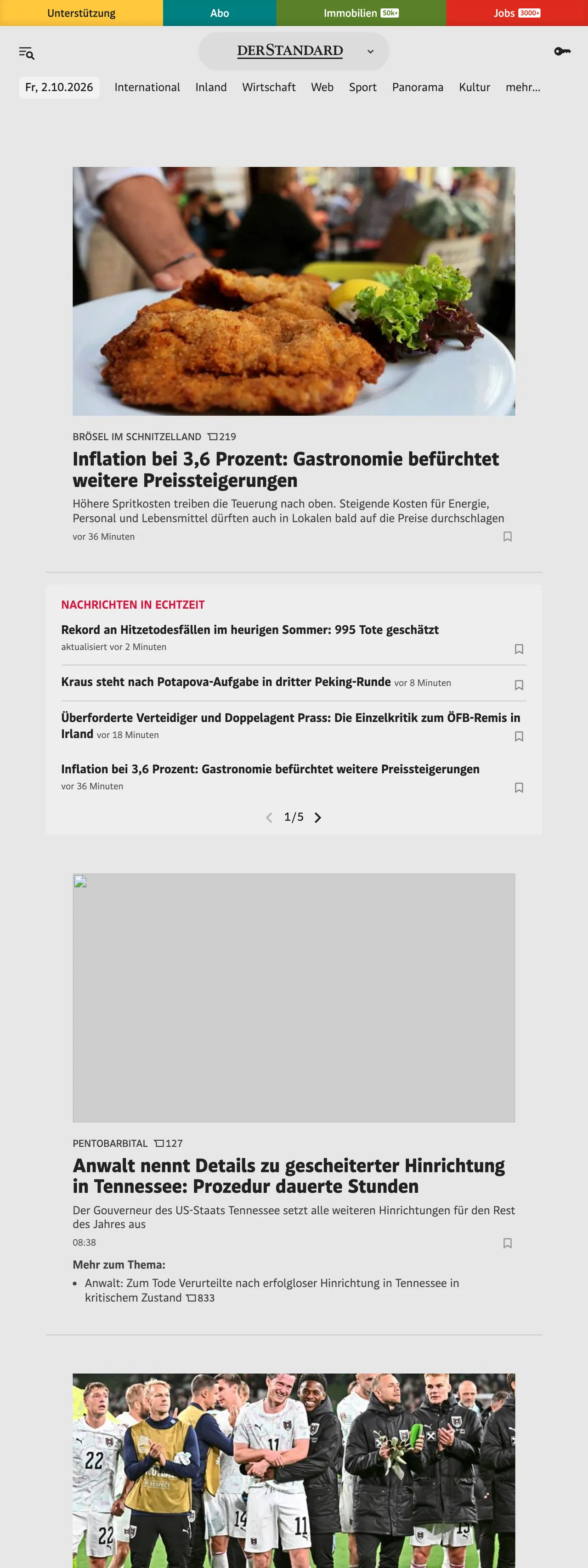Screenshot of the DER STANDARD front page